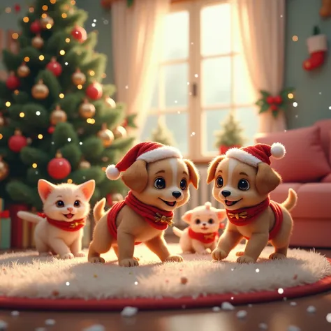 Make a Christmas picture of puppies and kittens