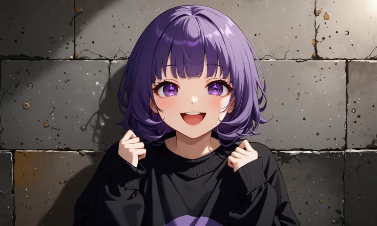 1 girl, solo, black sweater long sleeves, baggy black trousers, high quality, detailed eyes+++, purple eyes, purple hair, (happy face), (concrete background),