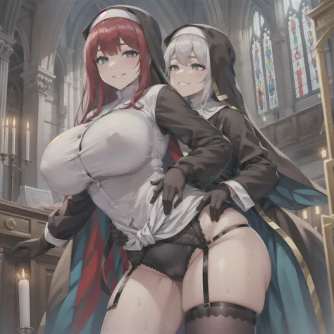 seductive smile, half closed eyes, nun, black gloves, brest curtains, black garter belt, black gater stocking, perky huge breasts, thick thighs, sweat, skindentation, at church, stained glass