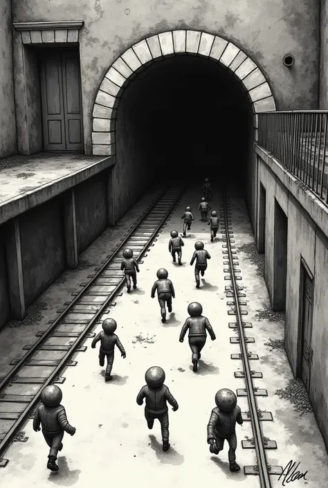 Old school dirty black and white drawing, bird view, mole People runing to a train tunnel on a train station in Poznań, big artist sign Max Klem