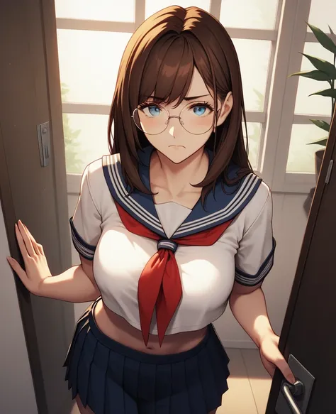 (Masterpiece), 1girl, cute girl, dynamic lighting, daytime, best quality, brown hair, shaded, shadow, cinematic, round glasses, 1girl, skirt, school_uniform, solo, serafuku, blue_eyes, long_hair, indoors, round_eyewear, pleated_skirt, glasses, neckerchief,...