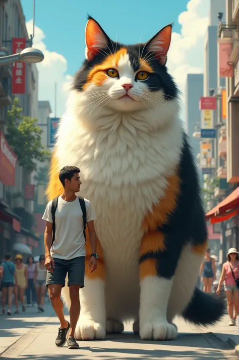 Man in shorts walks alongside giant fluffy white black yellow cat on city street