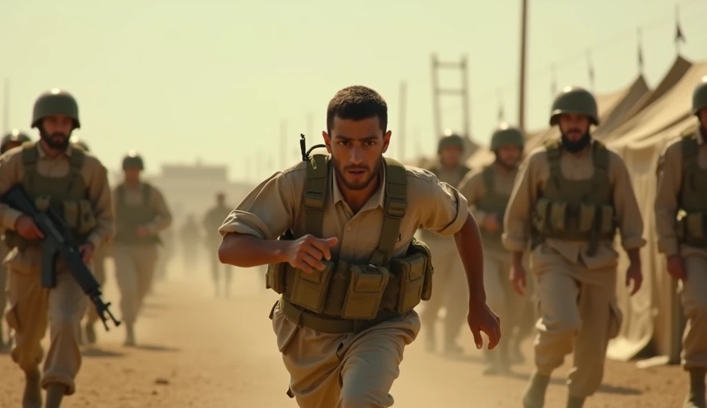  Davi running to the battle line 
"Davi,  in fast motion ,  runs through the Israeli camp toward the battle line , where his brothers are .  Armed soldiers observe him curiously ,  and the camp tents are in the background .  He carries an expression of con...