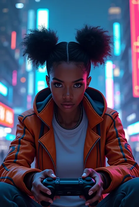 Black woman with two puff ponytails, wearing futuristic clothes, while playing PlayStation, in a cyberspace cyberpunk city, with cheat coding book next to her