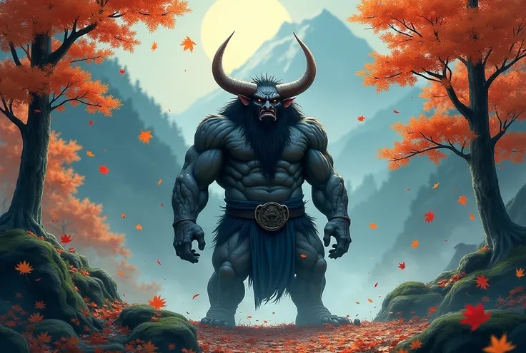 The onis expression is dignified and majestic. He has well-defined but not overly large muscles, and large horns. He stands in a mystical forest within the beautiful mountainous region of Japan. Under the autumn foliage, illuminated by moonlight, depicted ...