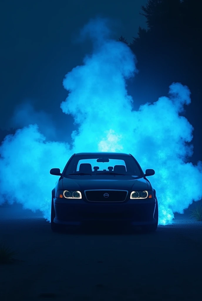 Nissan Primera P 11 create a dark blue fire against her background and its like shes leaving from there 