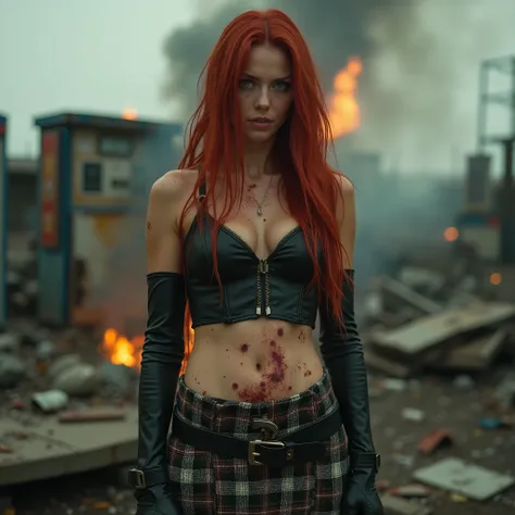 cinematographic photograph of a beautiful red-haired woman, green eyes, long hair, sexy, sculptural body, beautiful breasts, with a black and white checkered womens kilt, a black leather top, worn and dirty, standing at a destroyed gas station with lots of...