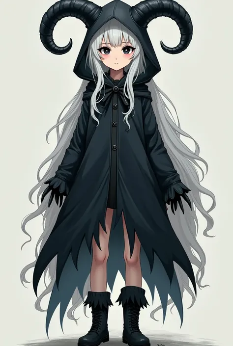 Teenage girl, black eyes, white hair, kranpus costume, hooded tunic, black gloves, black boots, bleach inspired design, anime style, full body, very big chest, scary appearance 