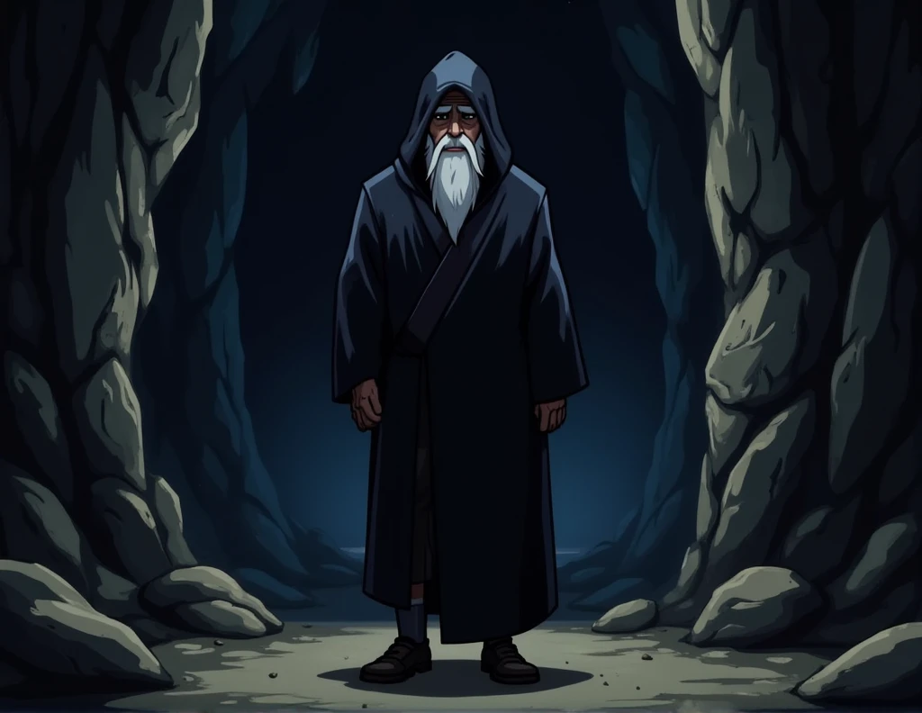 An elderly man with a strong physique, wearing a black robe that drapes over his body, the hood pulled up to conceal his face. His figure is imposing despite his age, with broad shoulders and a stance that suggests both strength and weariness. The robe, si...