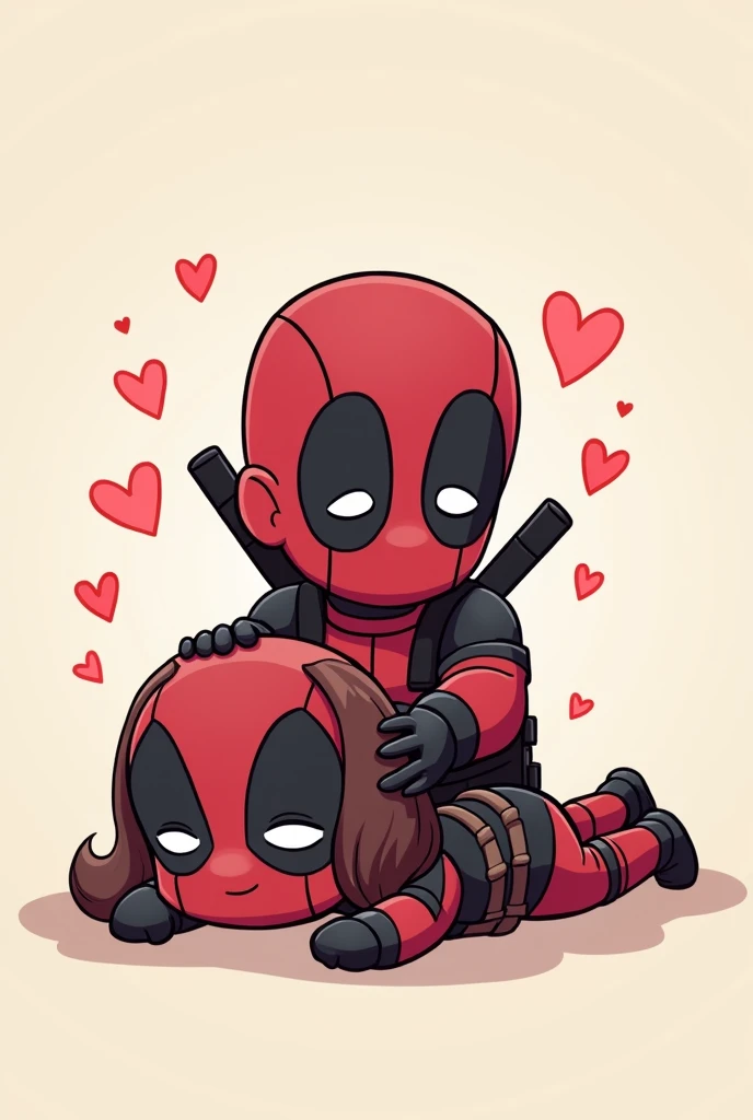 Deadpool dans un style chibi kawaii, il est à cheval sur les fesses de lady pool, il lui masse le dos, elle est allongée sur le ventre, lady pool à une queue de cheval brune, une cagoule assorti à son costume. Des petits cœurs flottent autour deux pour rep...