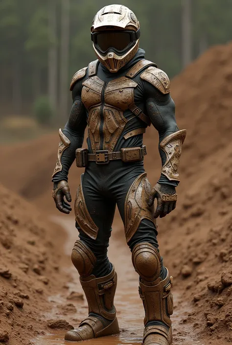 A muscular male jock teenager wearing a full body motocross rubber suit and a tinted full shell helmet. He is in a mud pit covered in brown goo 