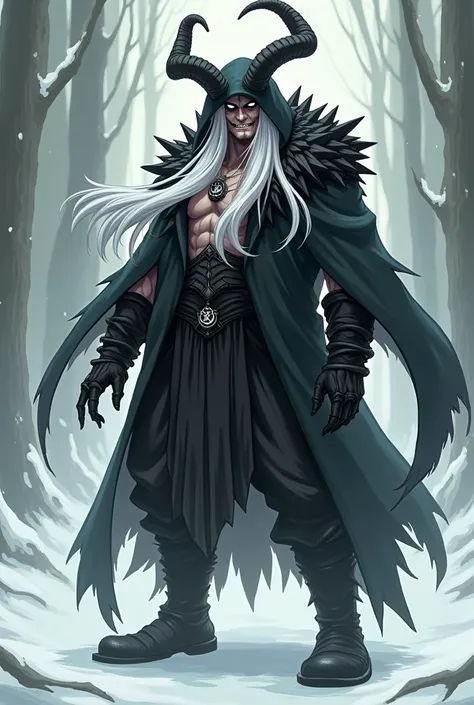 Adult, black eyes, white hair, kranpus costume, hooded tunic, black gloves, black boots, bleach inspired design, anime style, full body, very big chest, scary appearance 