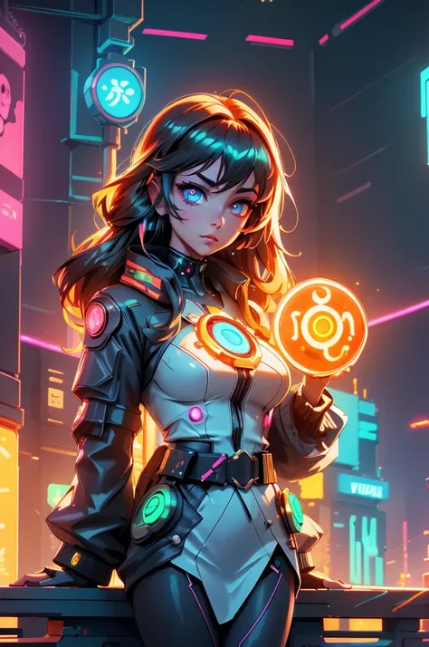 (In a cyberpunk future of neon-lit cities and AI-controlled systems:1.8), the ancient goddess of light, Amaterasu, awakens. Her divine essence merges with advanced technology, adapting to the futuristic world.

Amaterasu’s attire blends modesty with cybern...