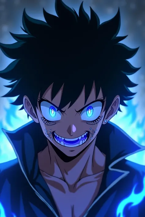  Boy from My Hero Academia villain called  "Like" With blue flames ,  black hair, piercings on the face and ears ,  with blue eyes and a penetrating look with a purple lower part of the jaw covering your lower lip,  your cheekbones and reaches your jaw  