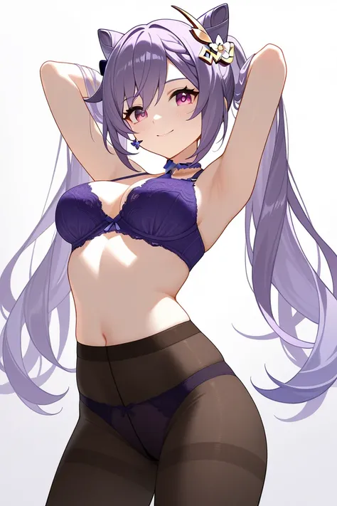 4k,masterpiece,best quality,ultra detailed,high resolution,super fine illustration,Keqing(genshin impact),1girl,solo, smile,purple eyes,purple hair,cone hair bun,double bun,long hair, medium breasts,lace bra,pantyhose, panties under pantyhose, arms behind ...