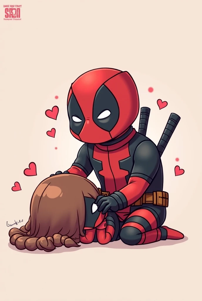 Deadpool dans un style chibi kawaii, il est à cheval sur les fesses de lady pool, il lui masse le dos, elle est allongée sur le ventre, lady pool à une tresse brune, une cagoule assorti à son costume. Des petits cœurs flottent autour deux pour représenter ...