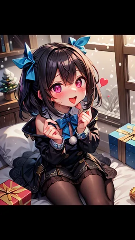 blushing, watching the spectator very happy, very blushed, detailed background, beautiful face,very blushed, face showing the tongue, shiny black hair, two bows of hearts, Christmas costume, sweating, Snow is falling officer,stars, detailed background, ana...