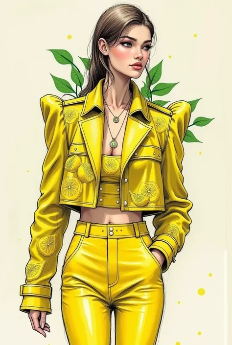 "A hand-drawn fashion sketch of a lemon-inspired outfit. The sketch features a vibrant lemon-yellow design with a fitted bodice adorned with lemon motifs and green leaf accents. The ensemble includes high-waisted, glossy leather trousers in matching yellow...