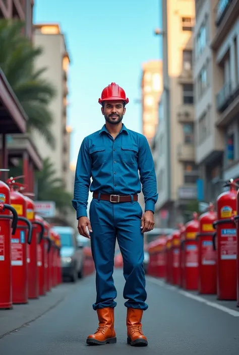  Advertising for a company called FUSICA . of fire extinguishers in Venezuela ,   worker wearing blue shirts and safety boots 