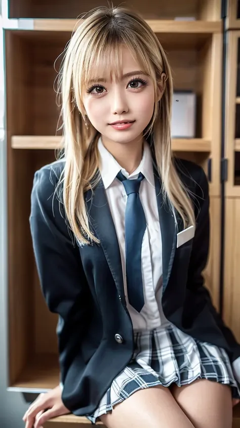 ((masterpiece,  top quality,  high definition ,  Ultra High Definition)),  Japanese high school girls,( realistic :1.4)、 smiles、 Amazing Face 、 sharp mouth、 close your mouth、Glossy Lips 、 long hair on background,(Beautiful blonde:1.5)、 high school uniform ...