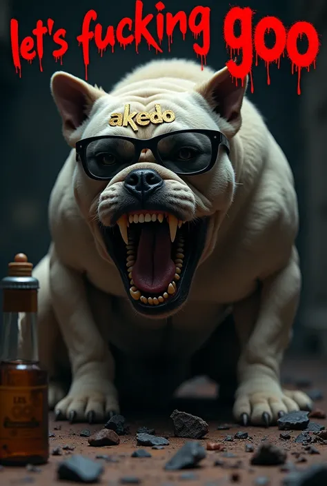 Generate the picture of the animation of a muscular snarling dog wearing black sunshade glasses with the name "AKEDO" imprinted in gold letters on its forehead. The dog is with a broken bottle . The sentence "LETS FUCKING GOO" is in blood red letters besid...