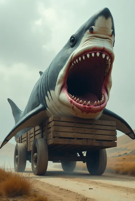 Create a wagon carrying a dead giant shark