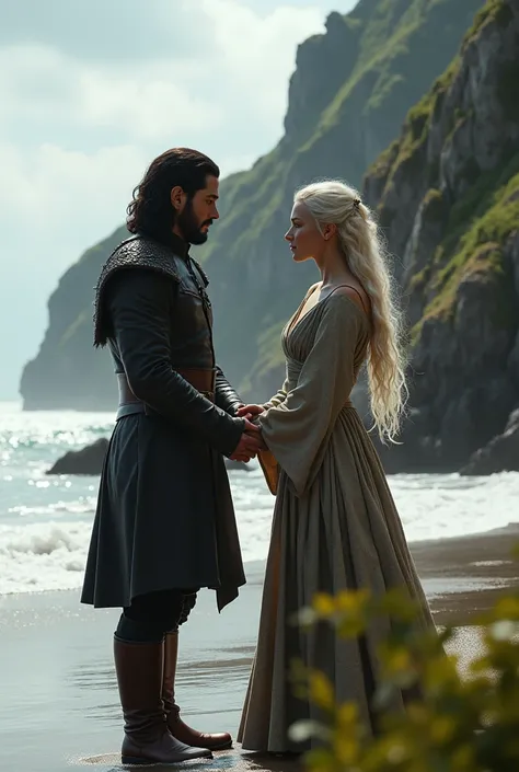 Generate a ultra realistic image Jon snow holding hands of Emilia Clark on a beach in game of thrones location 