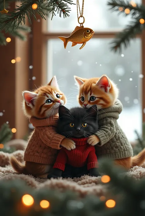 ((masterpiece, highest quality, Highest image quality, High resolution, photorealistic, Raw photo, Extremely detailed CG unified 8k wallpaper)), Kittens in sweaters attaching fish ornaments to Christmas tree, kitten siblings (tortoiseshell, black, brown ti...