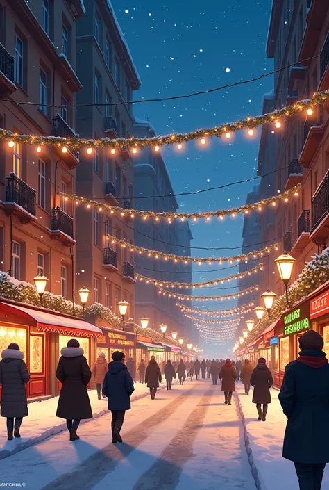 evening. street. winter.  christmas . Russia.  Christmas lights are hung everywhere so its a little bright . central street , wide road ,  on the right and left of the house are old high-rise buildings with bars, cafes and restaurants, busy street, people ...