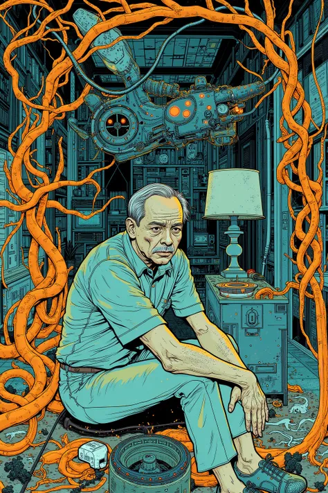  Illustration of a middle-aged man sitting in a room with lots of things、junji ito’s uzumaki、 psychedelic、LSD Manga 、Swirl