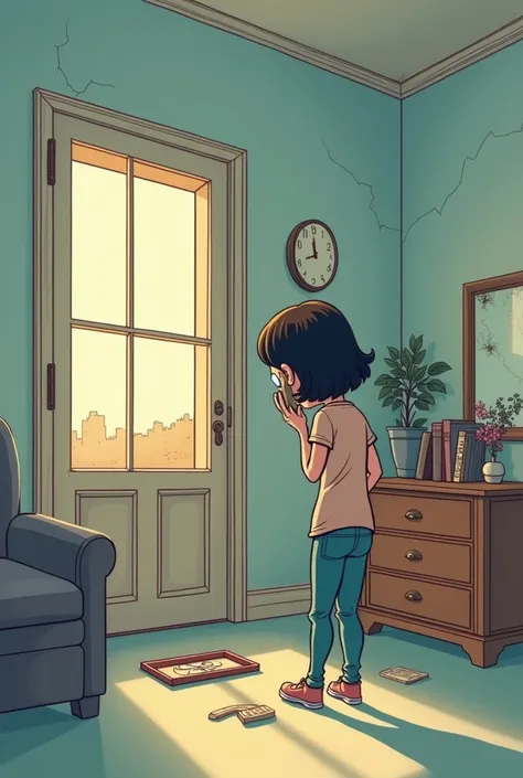 Create a poignant and educational cartoon about domestic violence and abuse. The scene should show a calm, suburban household with visual indicators of tension, such as a shattered picture frame or overturned furniture, and a character—either a woman or —s...