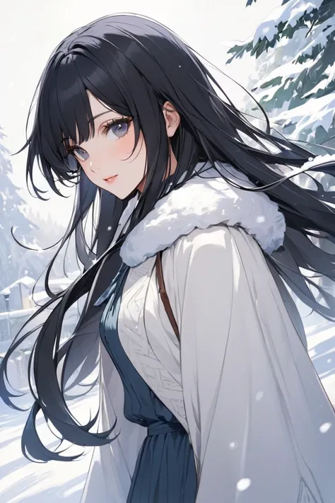  1 woman, Early 20s,  long black hair, Skin as white as snow, beauty