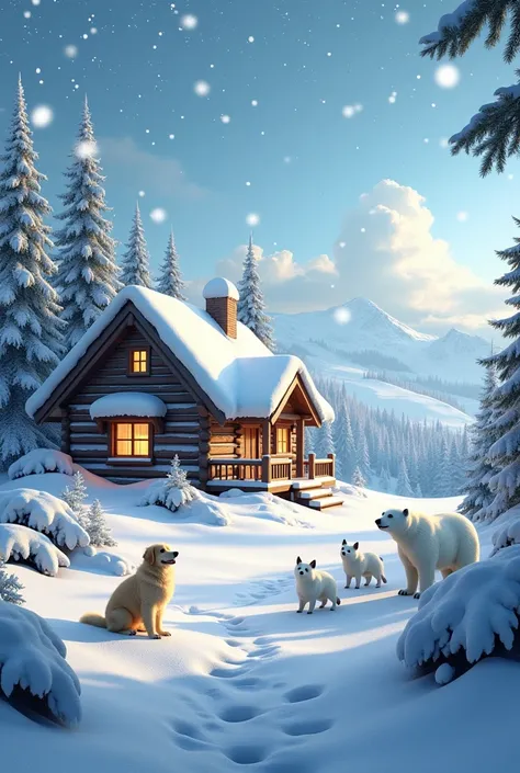  Christmas landscape realistic style, with polar animals , a cabin and a furry dog