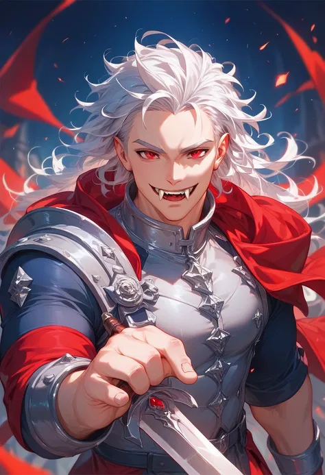 1male, silver hair, unruly hair, ((red eyes)), muscular, lean build, sharp fangs, dressed in dark, minimalist clothing, sword on hand, eyes on viewer, background: castle yard, dark light,  ((masterpiece)), (detailed), (((best quality)))
