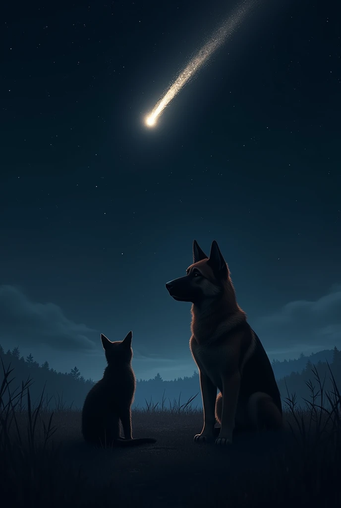 I want an image of a dark brown cat n looking at a comet in the sky add a German shepherd dog 