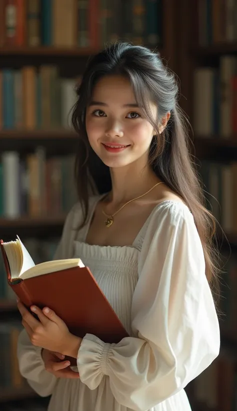 Beautiful Sofia, with a small smile, holds in her hand a closed book in a blurry library..