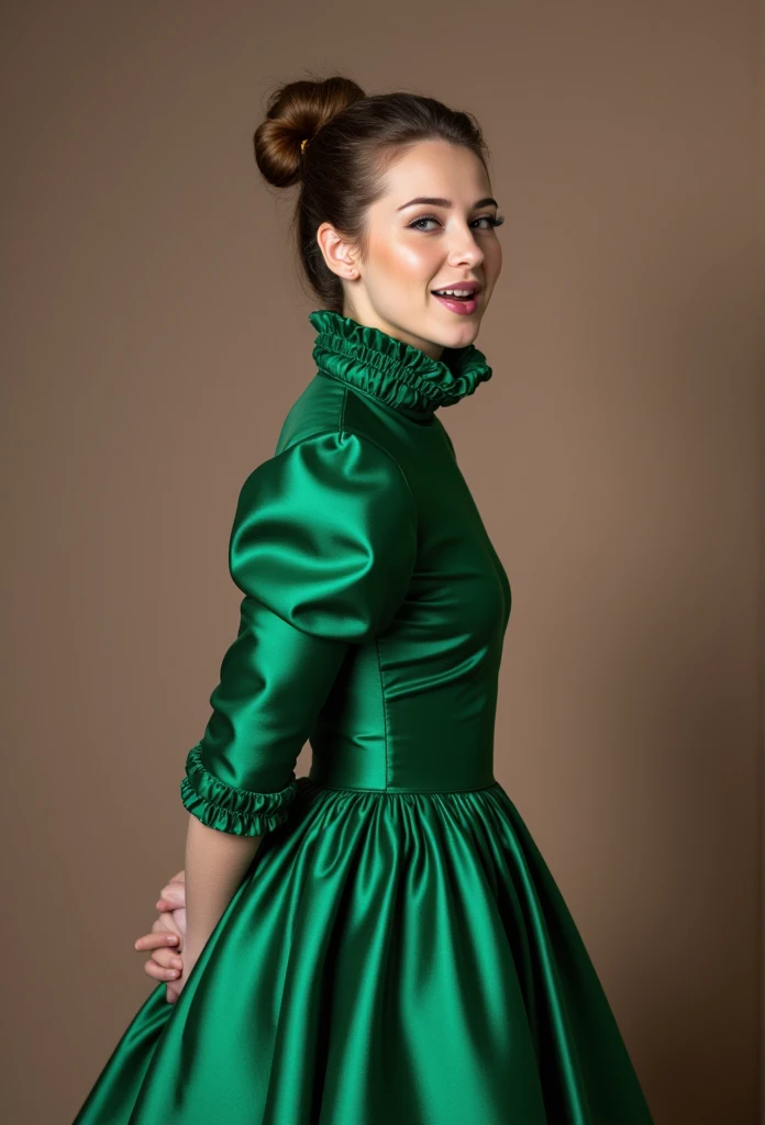 (realistic photograph close up sideways cheerful), (a pleased beautiful European orgasm look lady with (messy hair bun), she is wearing (an elaborate extensive shiny green silk dress with (long gigantic puff sleeves), (and an ultra high narrow stand-up col...