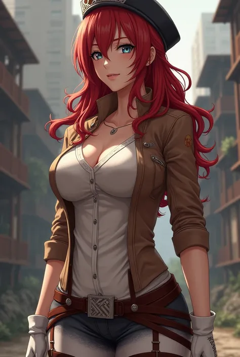 Beautiful woman from Attack on Titan of two meters and two centimeters with slightly large breasts who has red hair with waves and a brown eye and the other light blue one wears gloves that highlight her curves and muscles since she is somewhat plump and h...