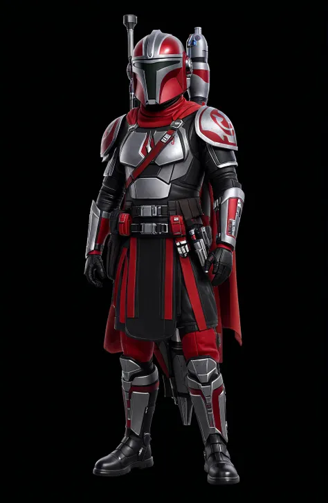 star wars, Mandalorian armor, Cape Short Rock , rocket backpack, red and black silver armor.