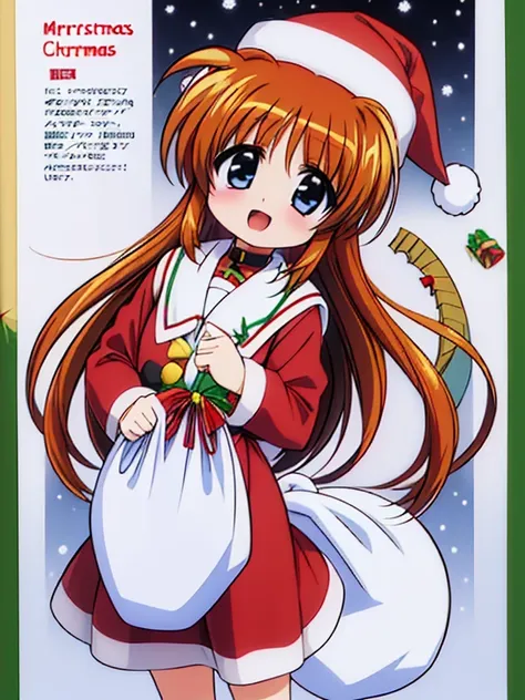 (((Christmas Santa Claus · Santa hat · costume · Takamachi Nanoha · has a large white cloth bag)))