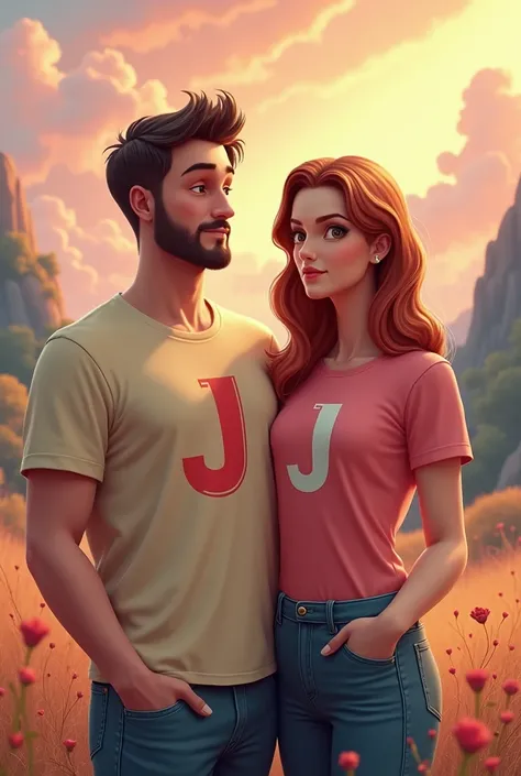 generate an image of a couple in drawing 3 d  ,  the man with the letter j in his t-shirt and the woman with the letter j in her t-shirt looking straight ahead against a background of a romantic landscape