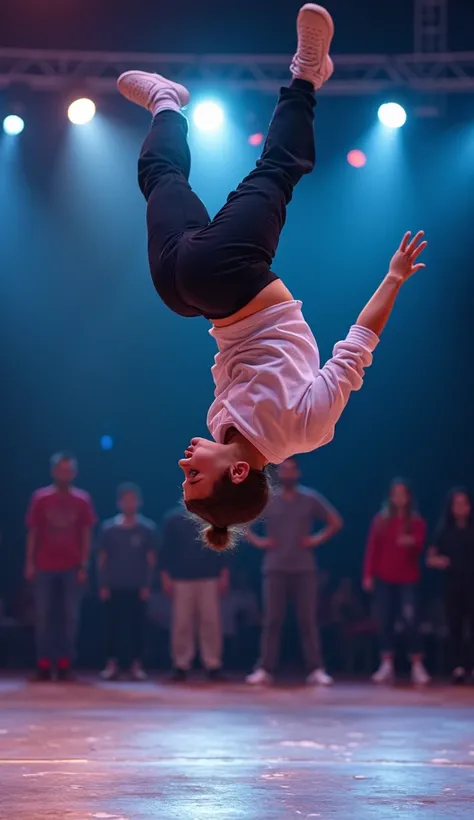  A teenager in the middle of an acrobatic jump  (backflip ), frozen in the air,  wearing sportswear, with bright lights in the background ,  dynamic and exciting environment in a night dance competition.