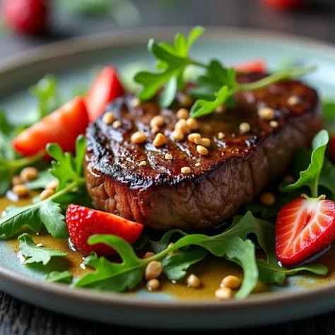 Beef Steak with Arugula and Strawberry Salad