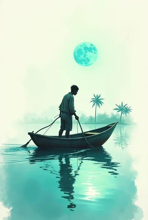  River of light green color ,  with reflection of blue shadow ,  looked a horse boat on it with the driver was a simple young java village fisherman dressed in a ragtag camping suit sobek wet kuyub.  Background white color with a smear of melted watercolor...