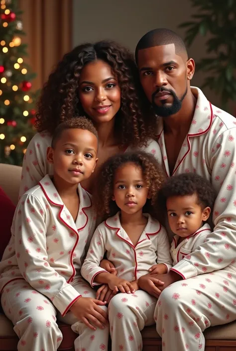 Create a realistic art of Beyonce Knowles on white and red matching pajamas , her hair is on short curly wig, she is with her three, s, two boys and a girl and beside her is her husband, Usher Raymond on matching outfits in a chrismass setting 