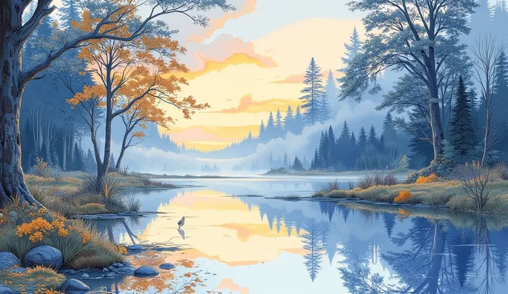 a breathtakingly beautiful serene lakeside forest scene at dawn, with a mirror-like lake reflecting the misty forest, a cuckoo bird calling in the distance, watercolor painting style, dynamic movement, gorgeous gradients, peaceful VFX