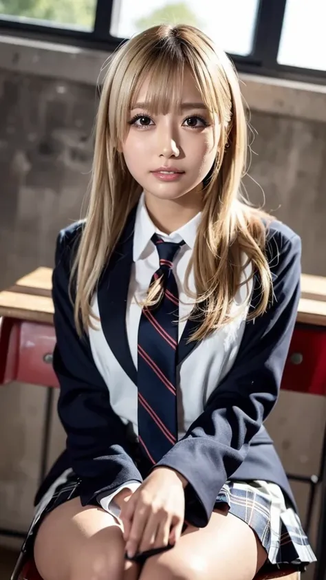 ((masterpiece,  top quality,  high definition ,  Ultra High Definition)),  Japanese high school girls,( realistic :1.4)、 smiles、 Amazing Face 、 sharp mouth、 close your mouth、Glossy Lips 、 long hair on background,(Beautiful blonde:1.5)、 high school uniform ...