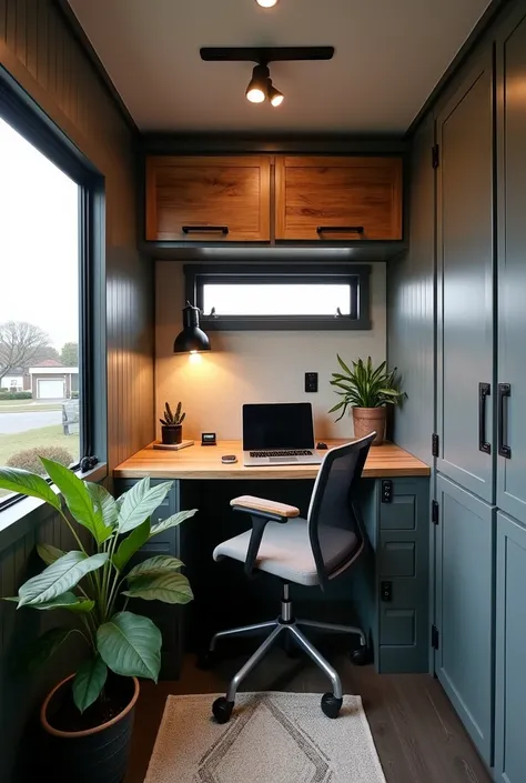 Professional High-Quality image shot with SONY ALPHA 7R V on 100mm, 16K. top photographer. full frame, highly detailed, sharp, ultrasharp image of a Urban Loft-Style RV Office
Details:

Location and Space: A compact yet stylish office area located along on...