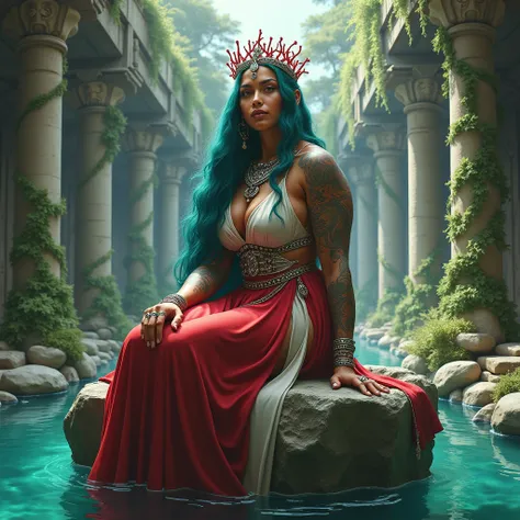  highly detailed digital art , unrealistic illustration ,  digital painting .  The image portrays a female naiad ,  a majestic 70-year-old indigenous figure ,  whose presence exudes strength ,  Serenity and authority .  Her brown skin is richly adorned wit...