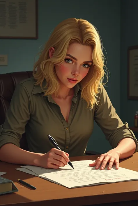 Young blond woman from the lower class signing a contract